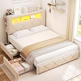 Full Upholstered LED Bed Frame with 2 Storage Drawers and 2-Tier Storage Headboard, Velvet Princess Platform Bed with Charging Station &amp; Bookcase,Heavy Duty Metal Support,No Box Spring Needed,Beige