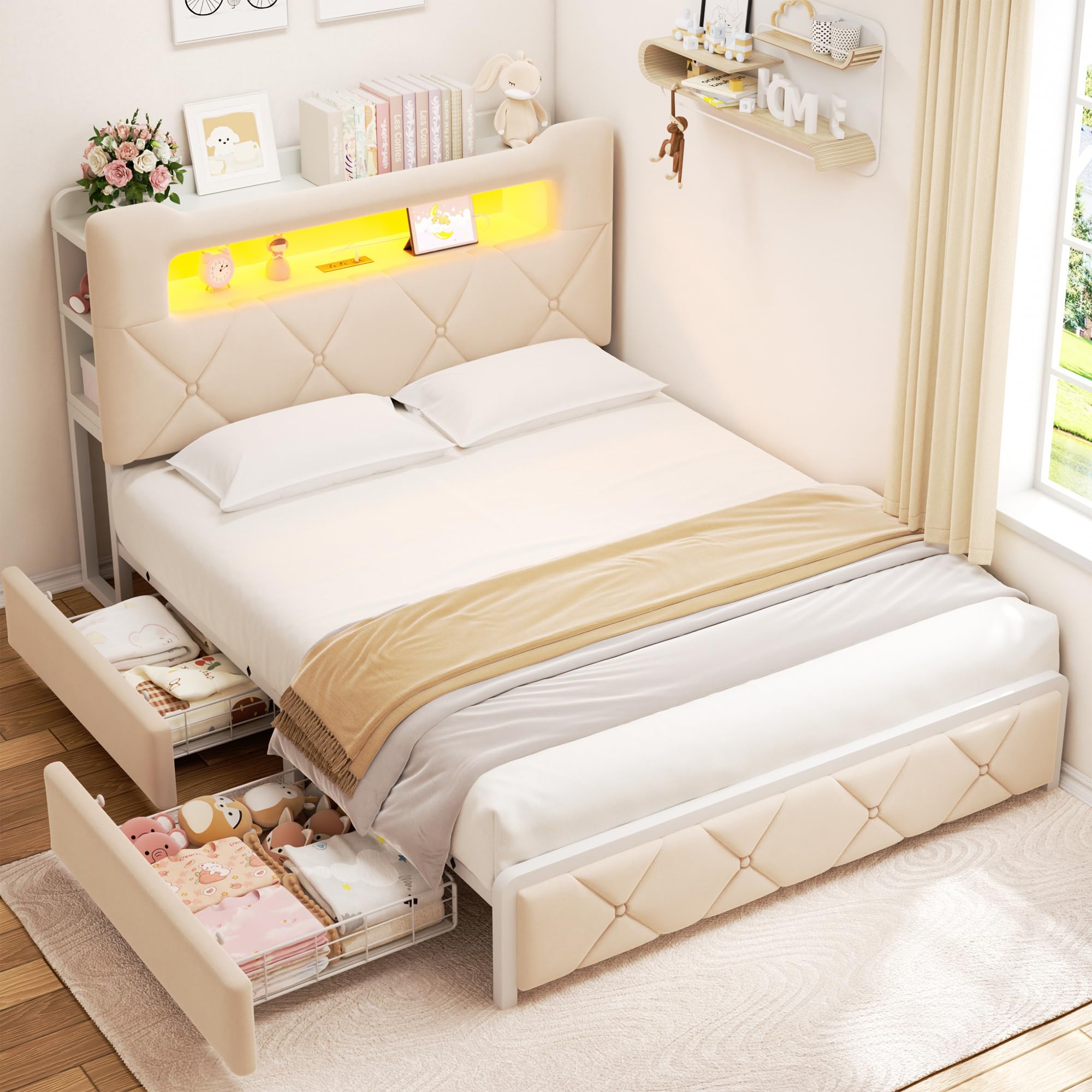Photo 1 of Full Upholstered LED Bed Frame with 2 Storage Drawers and 2-Tier Storage Headboard, Velvet Princess Platform Bed with Charging Station & Bookcase,Heavy Duty Metal Support,No Box Spring Needed,Beige