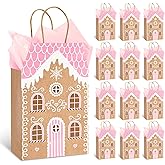 Whaline Winter Paper Gift Bags with Handles Xmas Pink Gingerbread Snow House Shaped Treat Candy Goodies Bags with Tissue Paper for Christmas Holiday Baby Shower Party Favors Housewarming Gifts, 12 Set