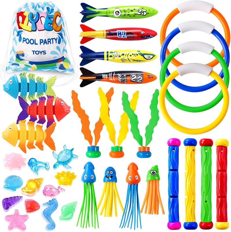DTYDECLE 35pcs Diving Pool Toys Set Diving Rings Torpedoes Seaweed Gem