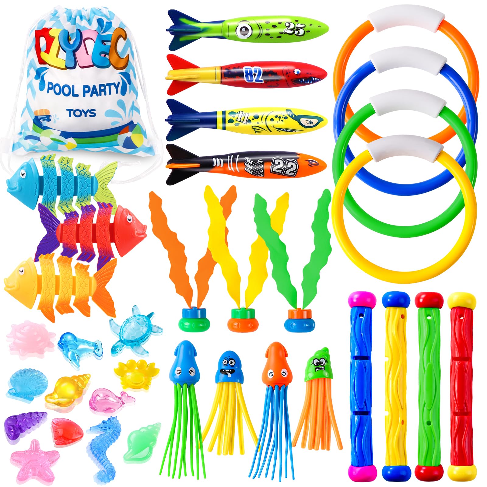 DTYDECLE 35pcs Diving Pool Toys, Fun Swimming Pool Toys Set with Diving Rings, Diving Torpedo, Diving Seagrass, Marine gem Underwater Training Diving Game Toys for Kids Summer Swimming Pool Party