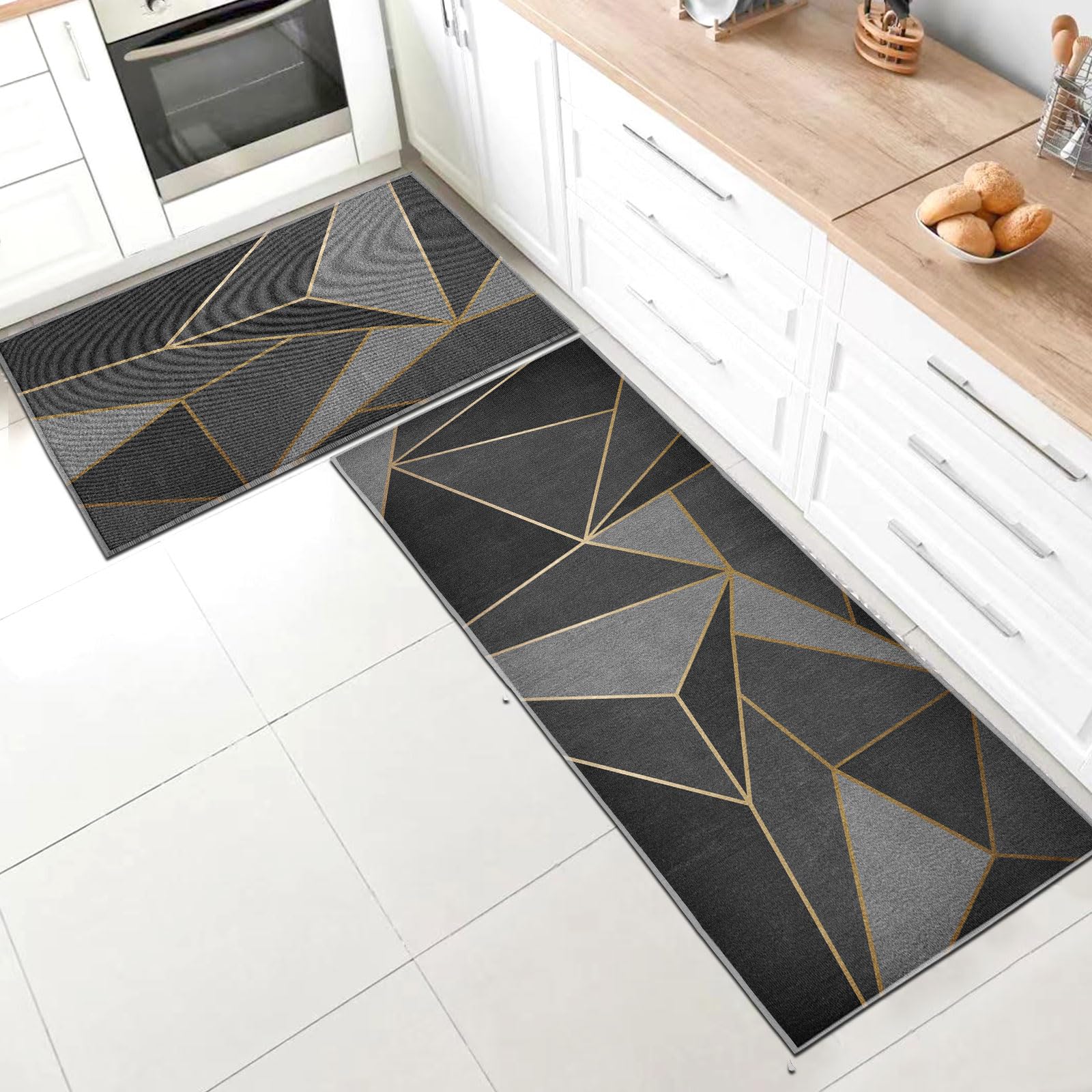 SHUAIG Kitchen Rug Set 2 Piece Non Slip Washable,Kitchen Mat Anti Fatigue Set,kitchen carpets with anti-slip stickers for Home Decoration(Style L, 40x60 + 40x120 cm)