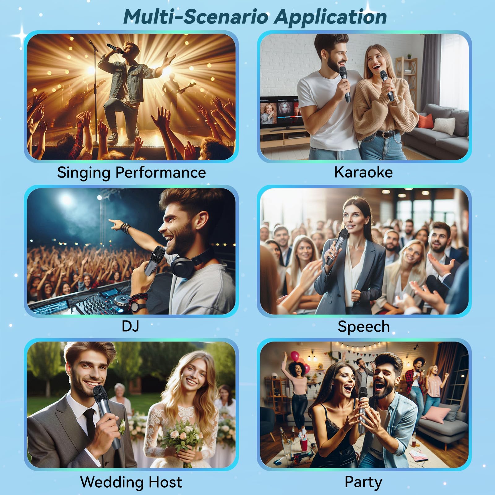 Wireless Microphone Set for Singing, Speeches & Events, 2.4GHz Dual-Mic Receiver, 200ft, Storage Bag Included, Metal Cordless Mic 2 Pack for Karaoke Machines, PA Systems, PartyBox, Gray-Blue