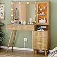 Fluted Vanity Desk with Mirror and Lights, 45" Glass Top Makeup Table Set with 5 Drawers, Power Outlet & Storage Cabinet, Large Dressing Table with RGB Ambient Light for Bedroom Women Girls, Oak