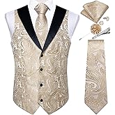 DiBanGu Mens Paisley Suit Vest Silk Jacquard Waistcoat and Necktie Set Formal Shawl Collar Dress Vest 7PCS for Wedding Party