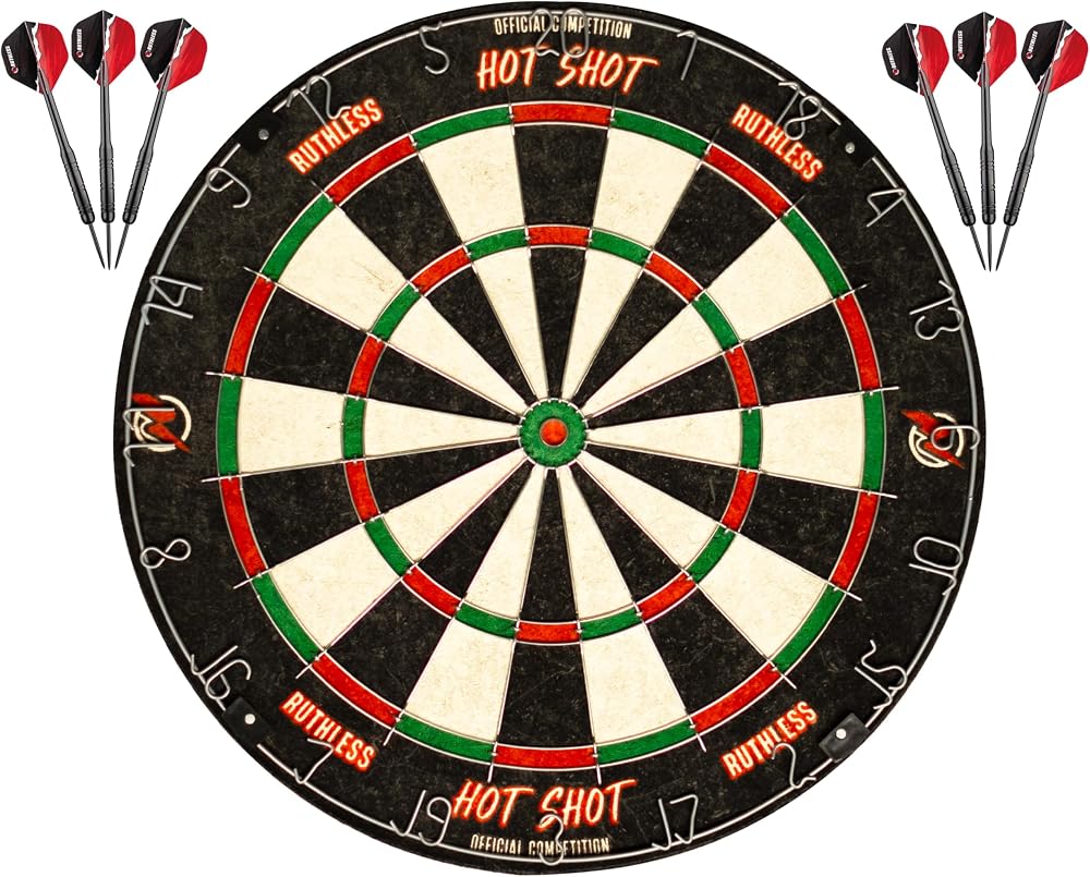 Ruthless Hot Shot Dart Board Endurance 450mm 38mm Depth with 2 Sets Darts