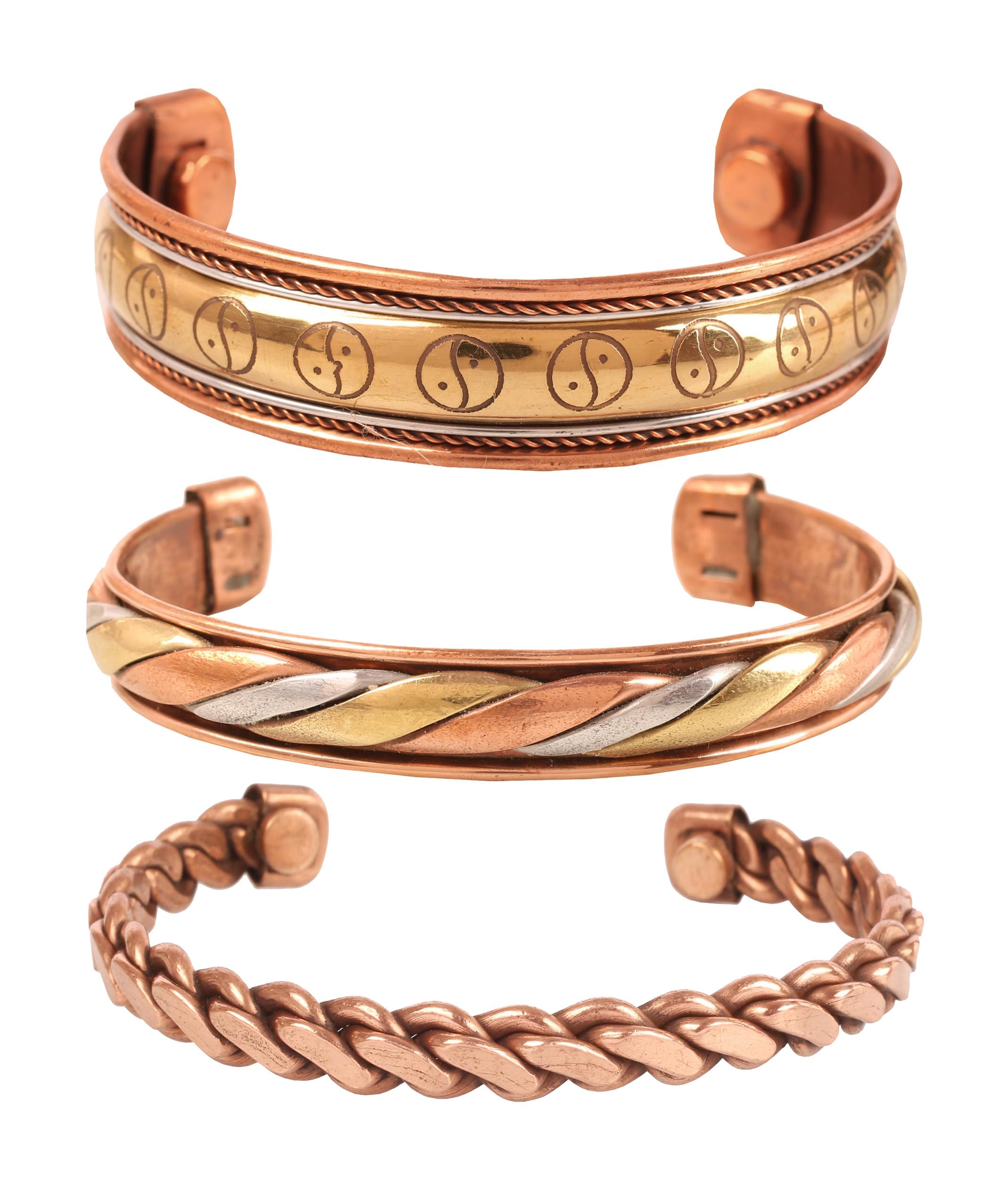 Touchstone Copper magnetic bracelet Tibetan style. Hand forged with solid and high gauge Yin Yang Braid Inspired pure copper. Set of 3 different designs in 3 metals.