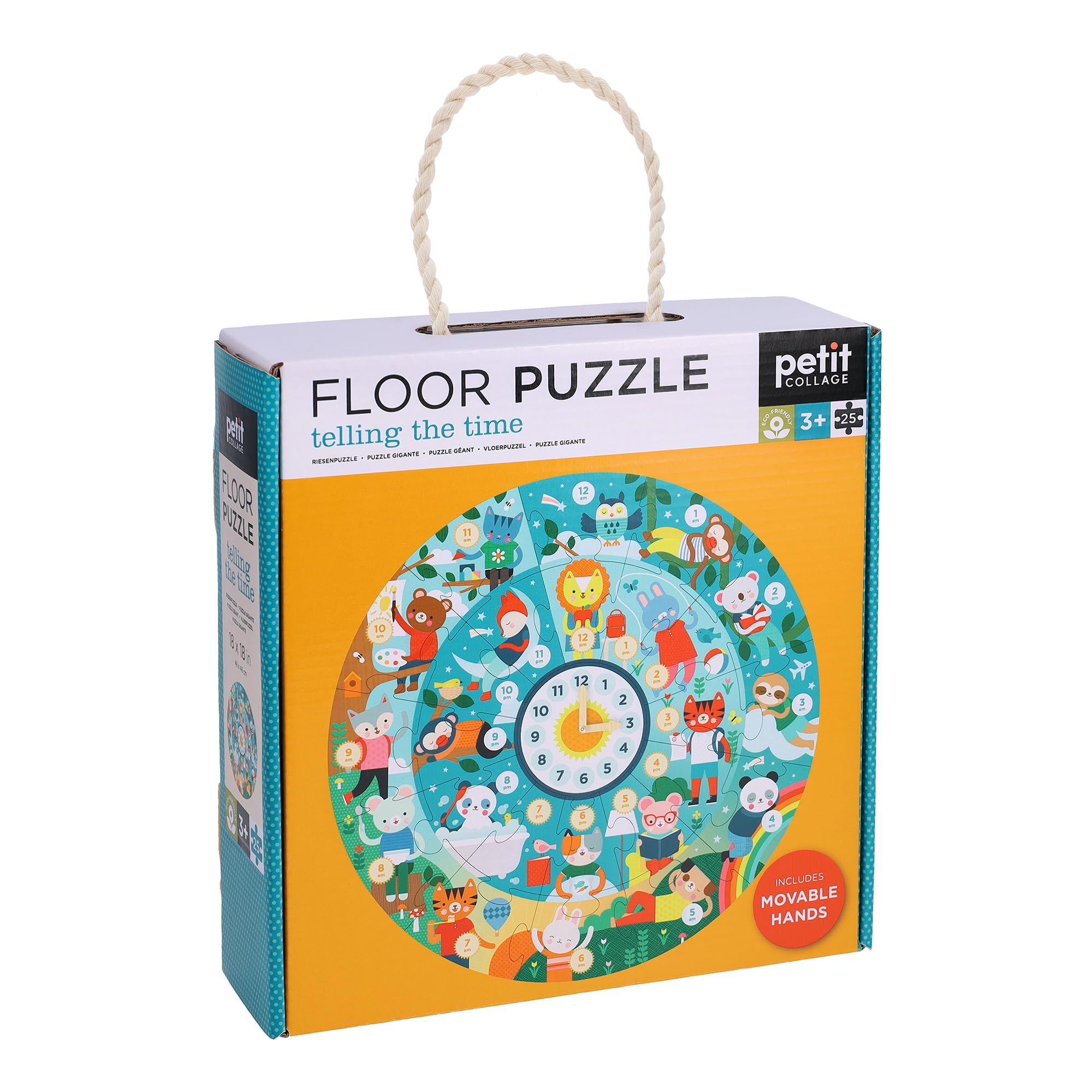 Petit Collage Floor Puzzle, Telling The Time, 24-Pieces – Large Puzzle for Kids, Wooden Clock Hands can be Moved to Show The time, Completed Puzzle Measures 18” x 24” –Great Gift Idea for Ages 3+