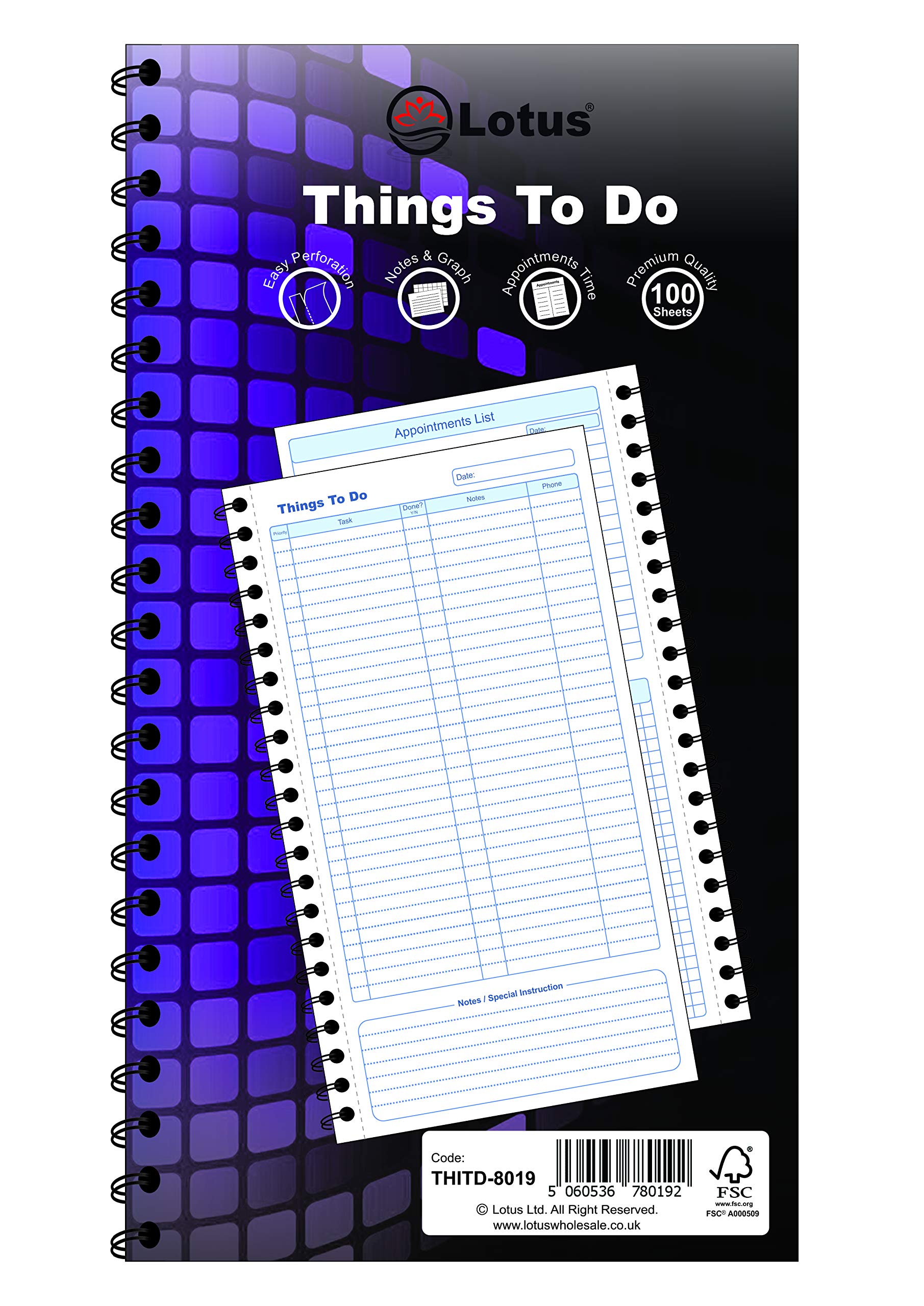 Lotus Things To Do Today Pad | Spiral Bound | Perforated Pages | Appointments Time, Notes & Graph - THITD-8019 (1 Pad)