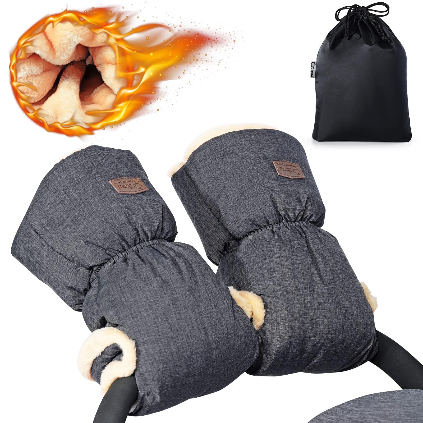 Orzbow Faux Sheepskin Pushchair Hand Muff, Fleece Pram Gloves Stroller Mittens, Warm Buggy Hand Warmer, Winter Waterproof Windproof Anti-Freeze Extra Thick Handmuff for Pram Accessories (Dark Grey)