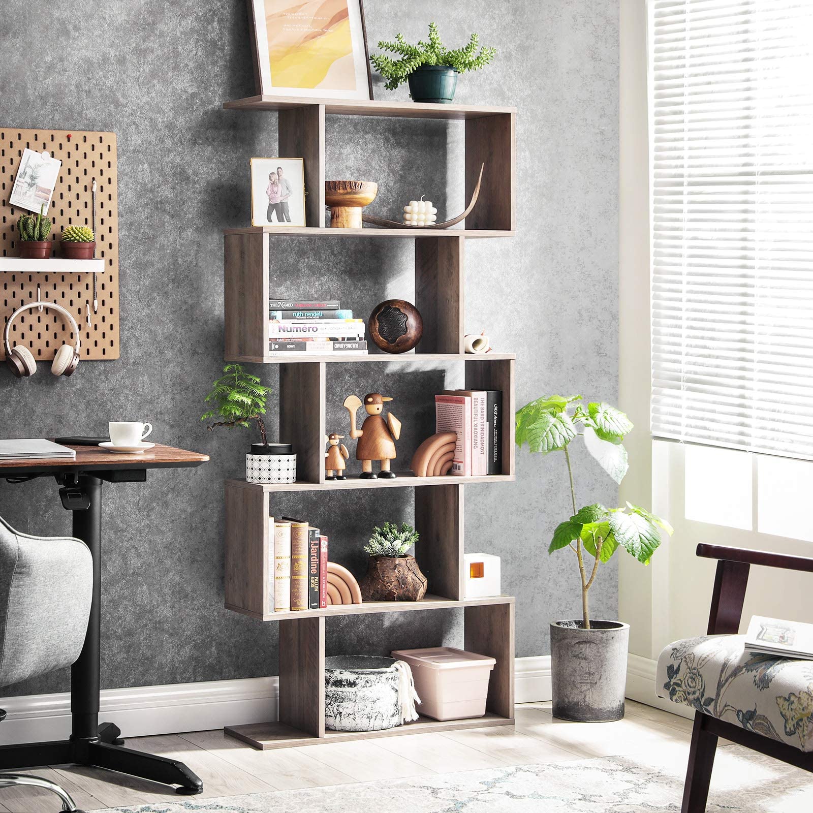 VASAGLE Wooden Bookcase, Display Shelf and Room Divider, Freestanding Decorative Storage Shelving, 5-Tier Bookshelf, Greige ULBC062M01 9.4D x 27.6W x 62.6H in