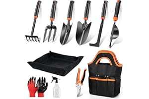 HaSteeL Garden Tools Set, 11 Pcs Gardening Supplies Hand Tool Kit for Women Men Gardeners, Include Tote Bag, Reportting Mat, Transplant Trowel, Rake, Pruner for Outdoors