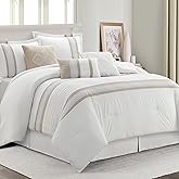 LANCO MODERN LIFESTYLE 7 Piece Comforter Set, Taupe White, California King, Boho Style Geometric Microfiber Embroidery, Bed in a Bag with Bedskirt, Pillow Shams and Decor Pillows