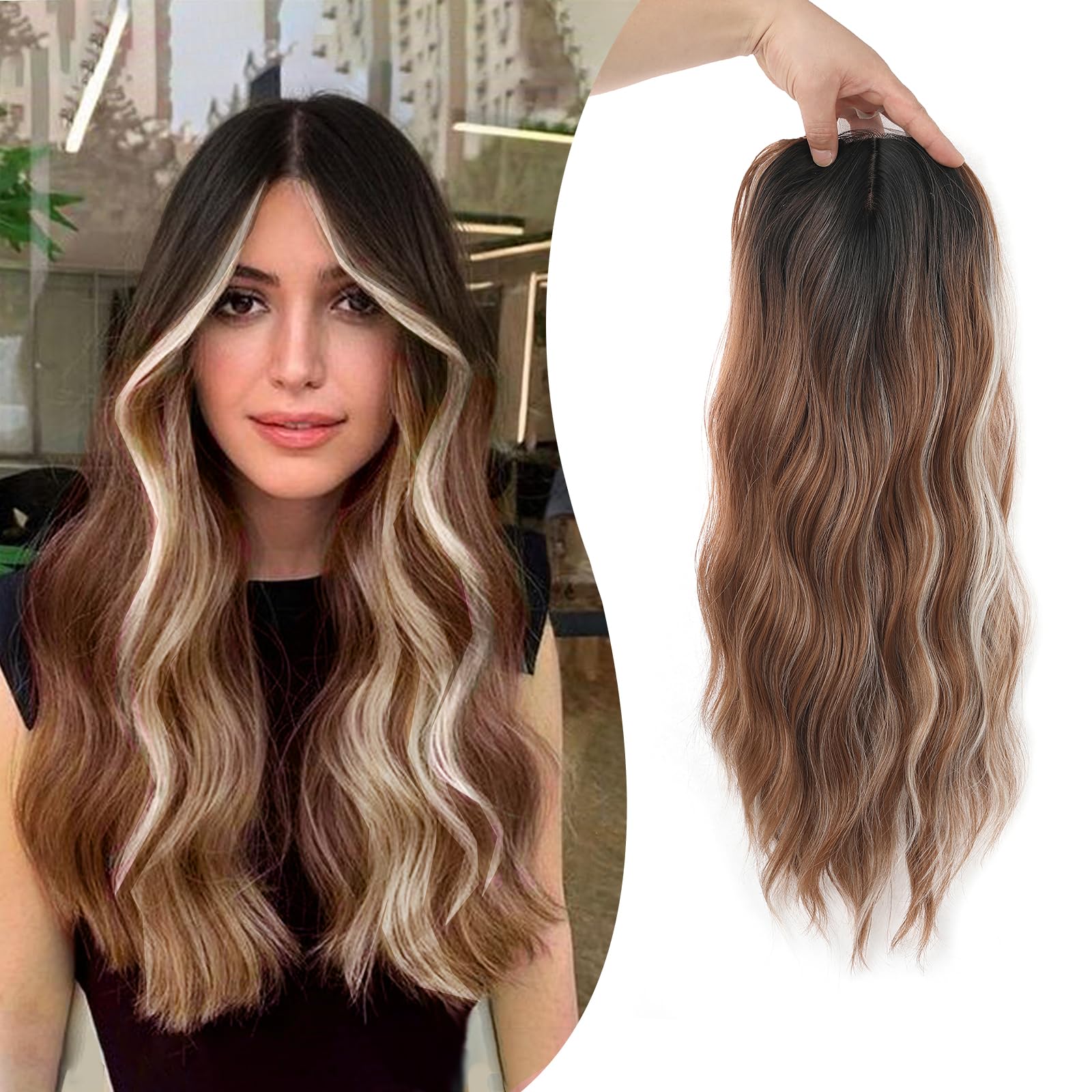 20 Inch Hair Toppers For Women Long Wavy Curly Hair Topper Darkest Brown Clip In Synthetic Wiglets Hair Pieces For Women (Highlights Brown with Dark Root, 20 Inch)