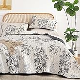 WONGS BEDDING Floral King Quilt Set,3 Pieces Grey Botanical Leaf & Butterfly Pattern Quilts Bedspread Set,Soft Beautiful Farmhouse Plants Coverlet Bedding Set for All Seasons(104"×90")