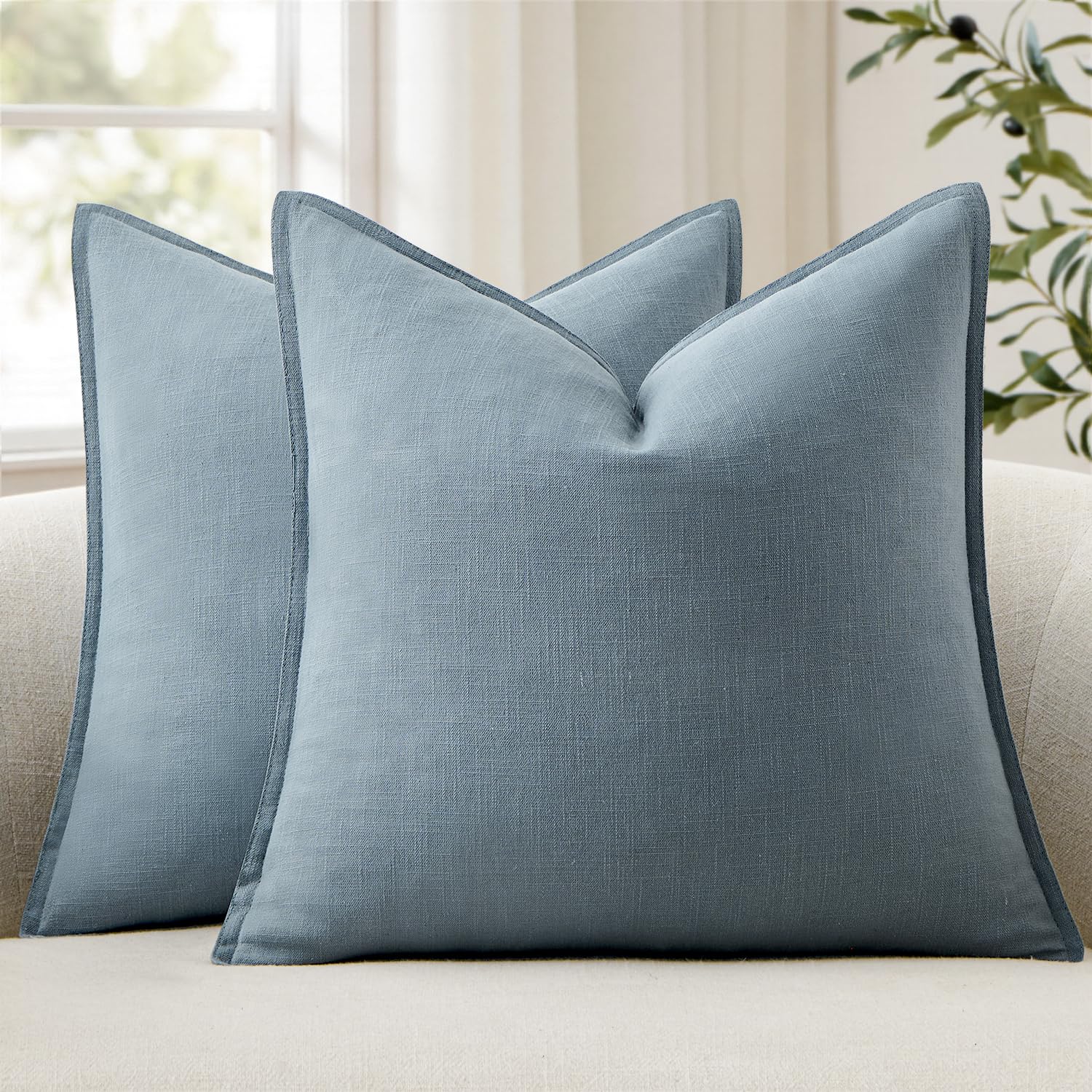 Photo 1 of ANRODUO Pack of 2 Decorative Linen Pillow Covers Light Blue Ashes Euro Sham Neutral Farmhouse Boho Soild Cushion Case Soft Accent Pillowcase for Couch Sofa Bedroom Living Room Home Decor 26 x 26 Inch