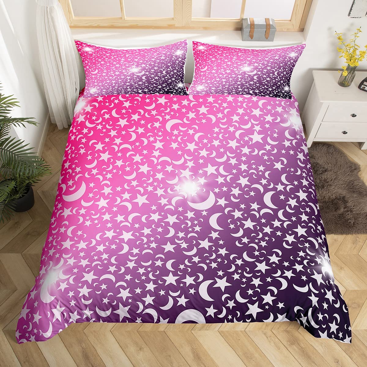 Homemissing Moon Star Rainbow Glitter Duvet Cover Ombre Pink Purple Bedding Set Pastel Comforter Cover for Boys Girls Children Teens Bedroom Decor Stylish Bedspread Cover Single Bedclothes Zipper — image 1