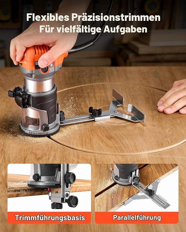 Oberfräse, 710 W, Drehzahlregulierung, Kantenfräse mit Fester Basis & Staubabsaugung, Parallelanschlag, Fräsmaschine für Holzbearbeitung, Trimmen, Heimwerkerprojekte, Kabelgebunden