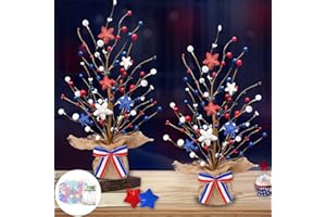 TURNMEON [2 Pack & Timer] 4th of July Decorations,19 Inch Lighted Patriotic Tree Tabletop with 20 Colorful Lights Battery Operated 12 Red White Blue Star 72 Berries Artificial Tree Independence Day Home Party