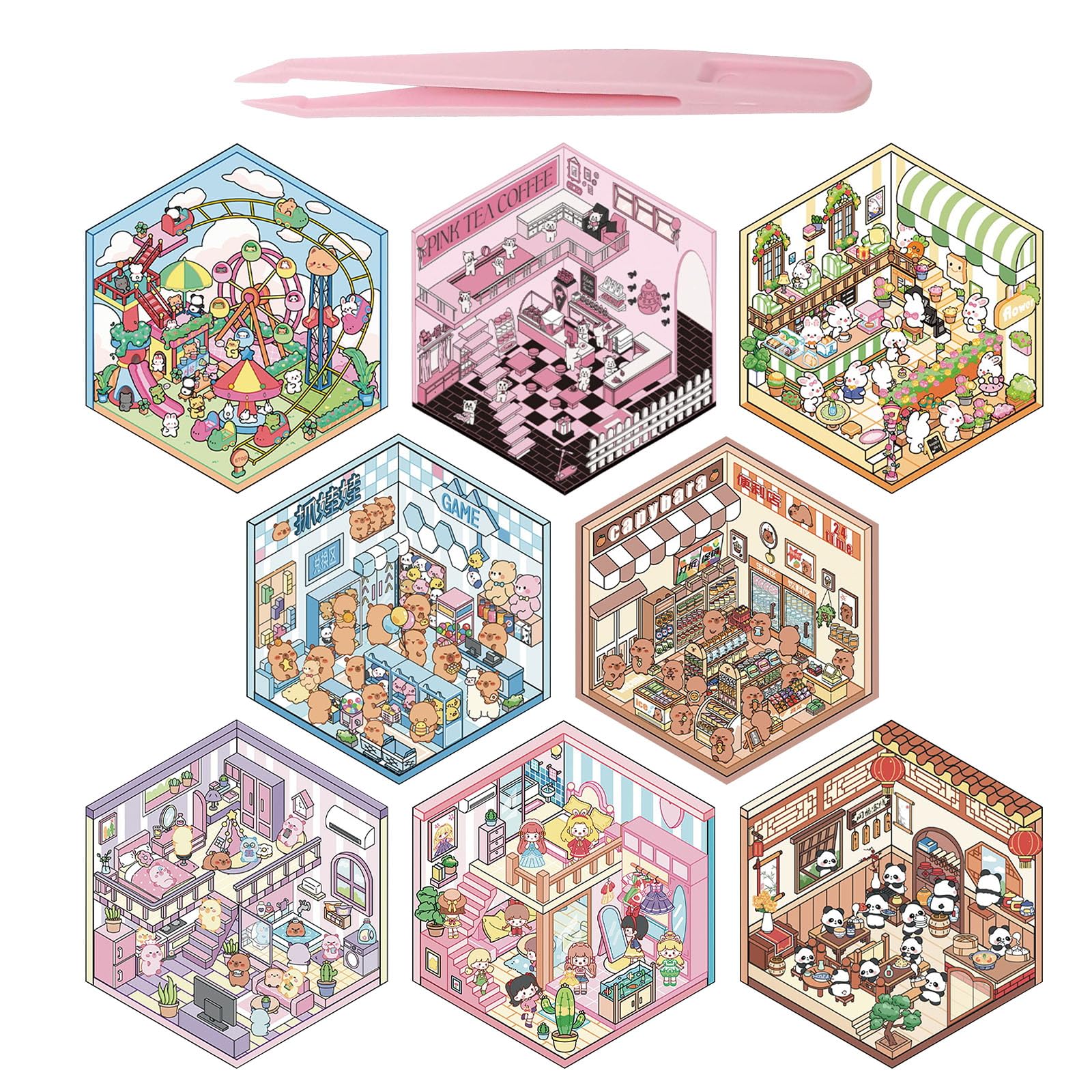 DOINEUFL 8 Sets 3D Sticker Scene, 3D House Sticker Set, Sticker Therapy 3D Stickers, Funny Cartoon Scene Stickers for Adult Kid Relief Stress Pass The Time (with Tweezers) (8)