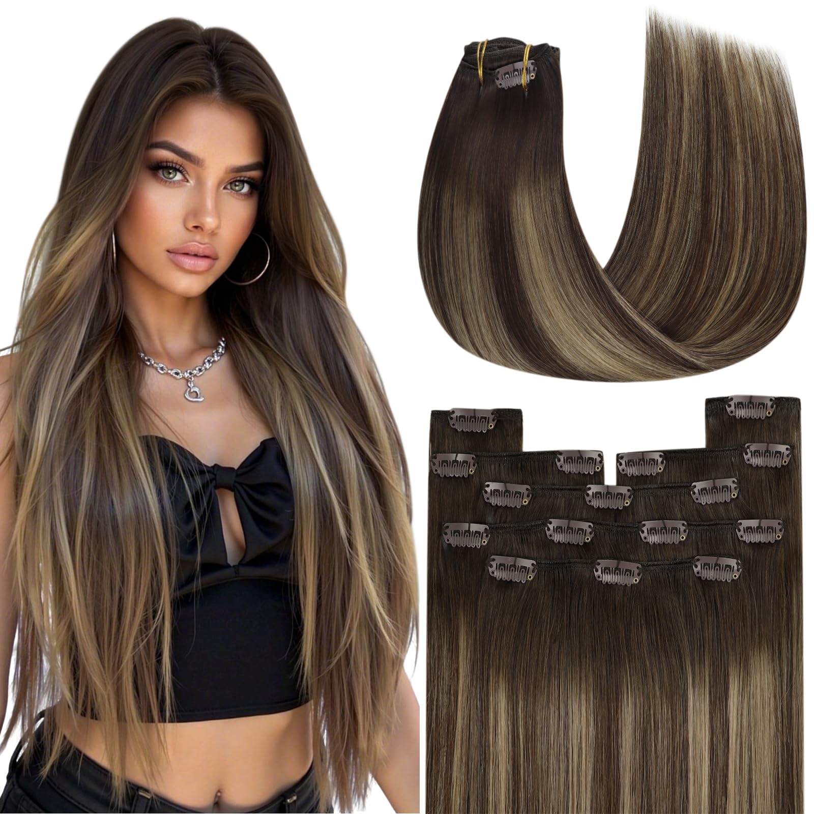 YoungSee Hair Extensions Clip in 22 inch Invisible Clip in Human Hair Extensions Balayage Chocolate Brown Mix Caramel Blonde Clip-in Hair Extensions for Wedding Long Straight 7 Separate Pieces 120g — image 1