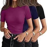 Ficerd 3 Pack Women's Ribbed T-Shirts, Cotton Short Sleeve Basic Tees Crewneck Fitted Tops Casual Shirts 2026 Summer Trendy