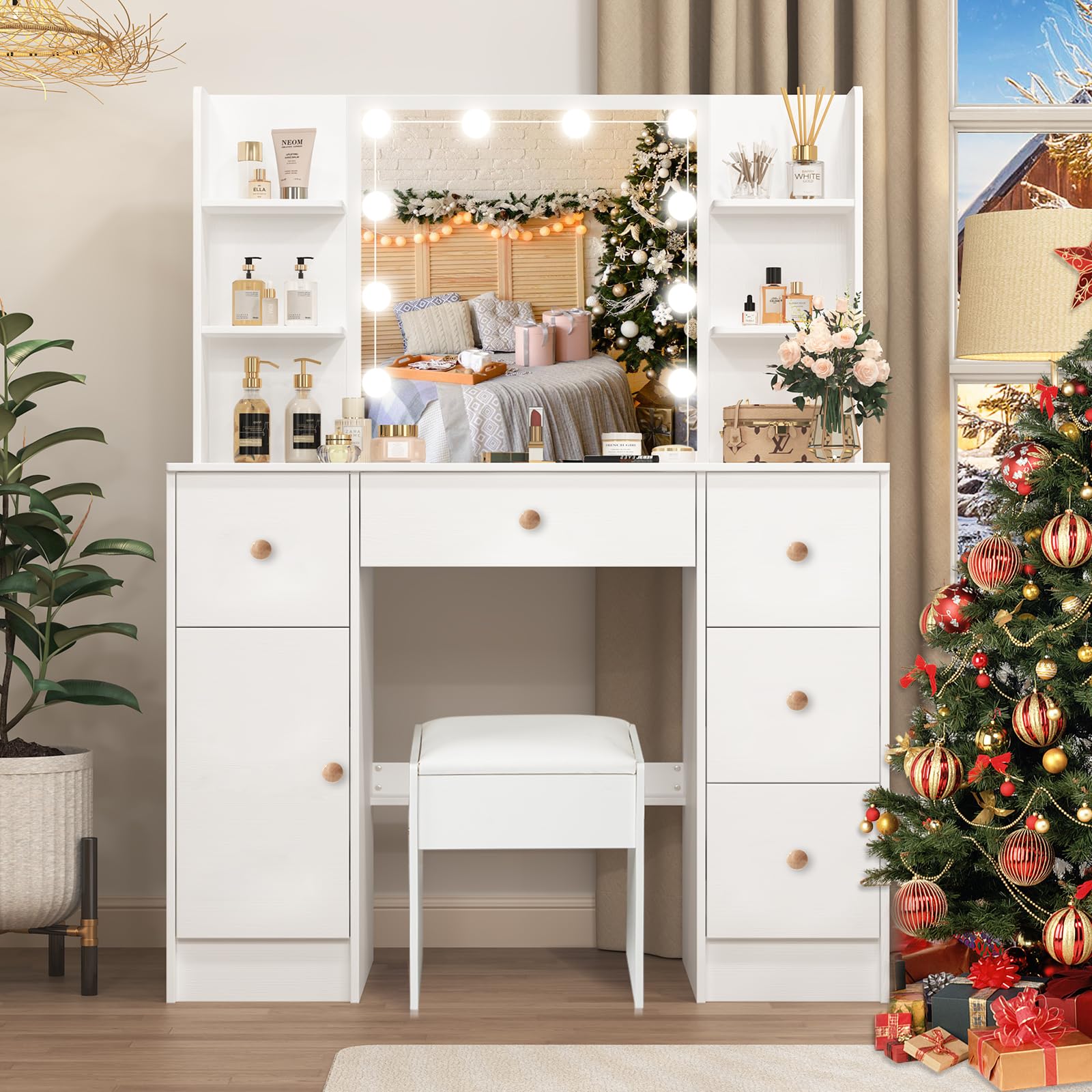 Photo 1 of Vanity Desk with Mirror and LED Bulbs, Makeup Vanity Table with 3 Lighting Colors, Adjustable Brightness, Vanity Table with 5 Drawers, Cabinet and side Storage, for Bedroom (White, with Bench)