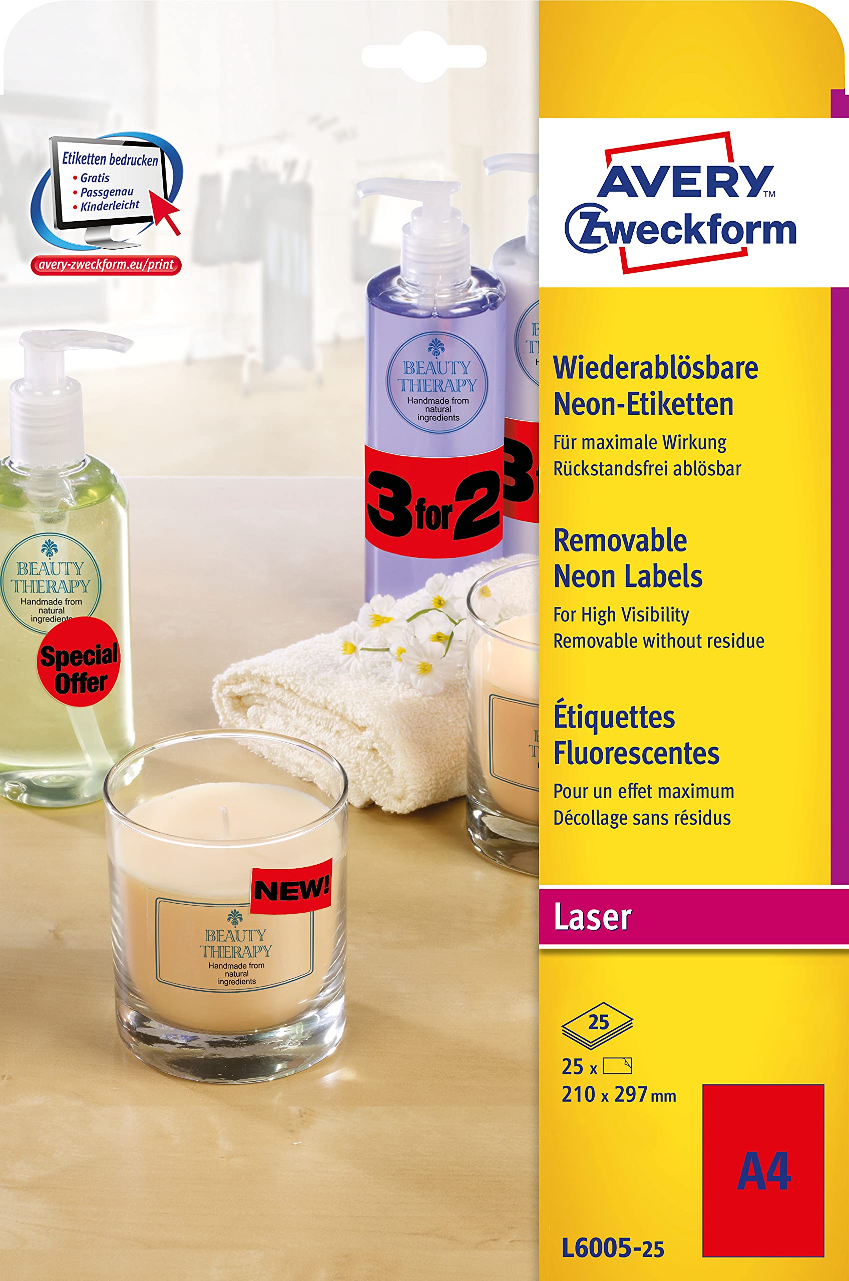 Avery Zweckform Easily Visible Labels 210x297 mm 25 Labels Neon Red