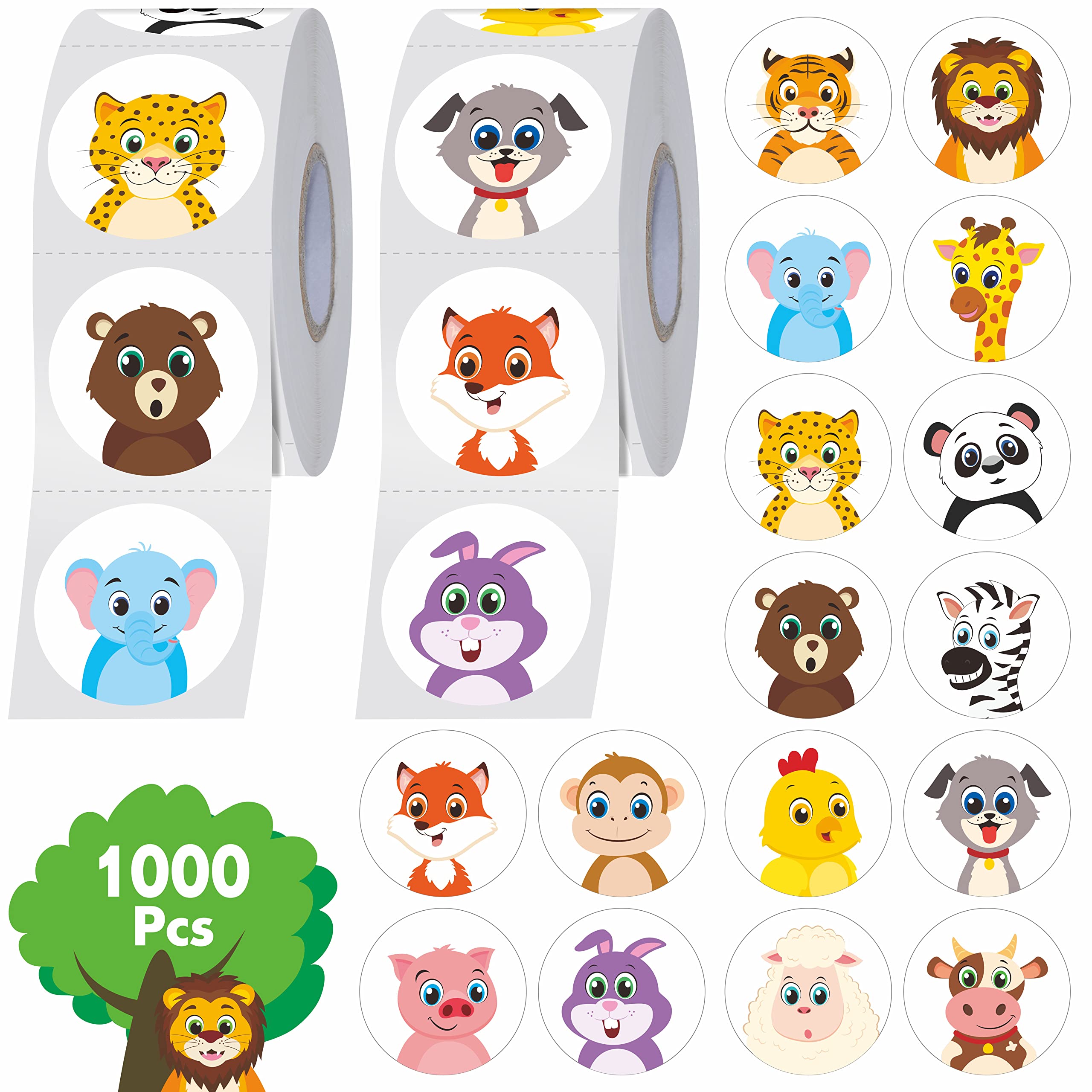 1000 PCS Round Animal Stickers, 16 Designs Adorable Land Animals Animals Teacher Reward Stickers for Kids Students School Classroom Party Decoration with Perforation Line(1” Each, 2 Rolls)