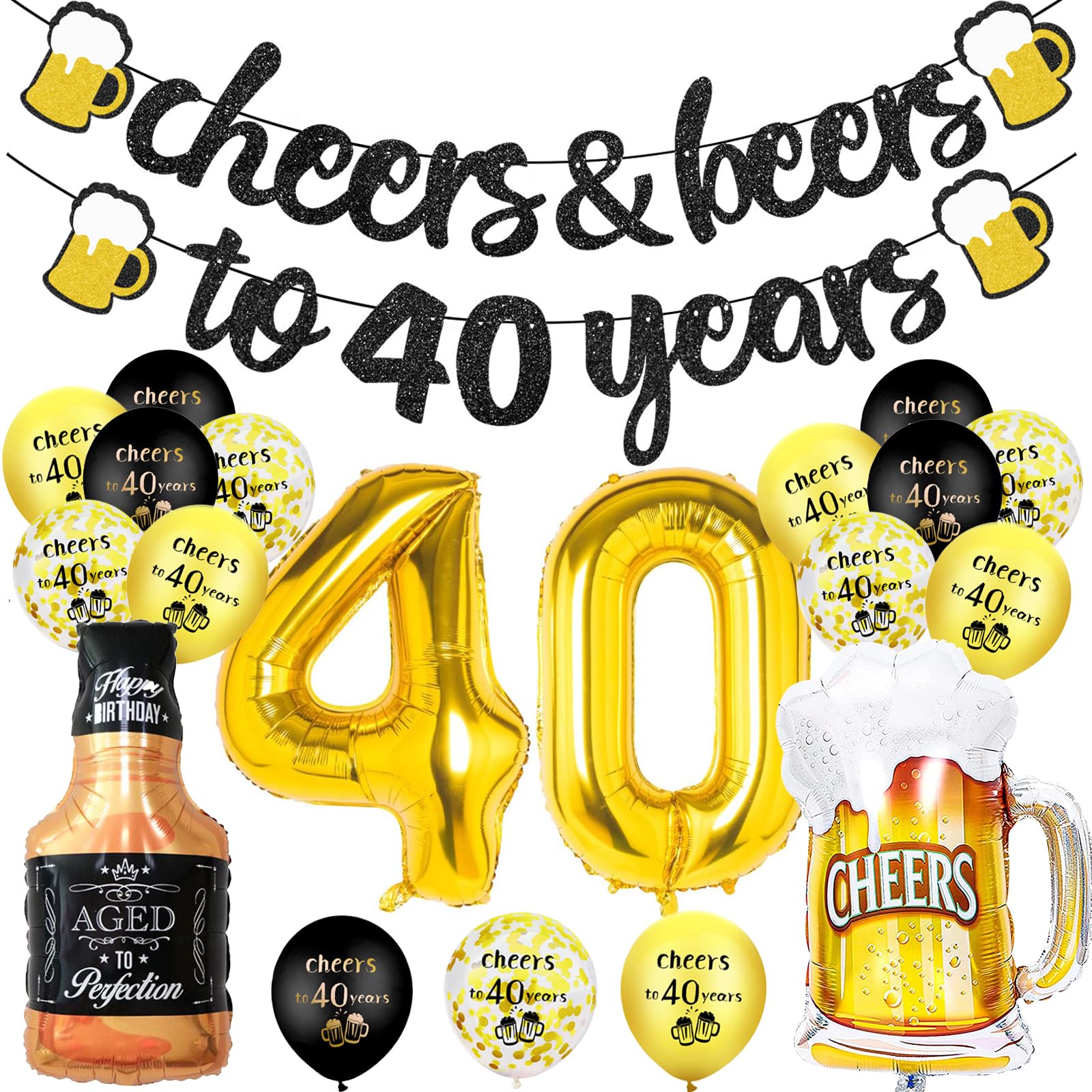 40th Birthday Decoration, Happy 40 Balloons with Cheer Banner, 40Inch Number 40 Foil Balloon, 40th Sign Black Gold Balloons Champagne Cups Foil Balloon, Birthday Decor for Men Him
