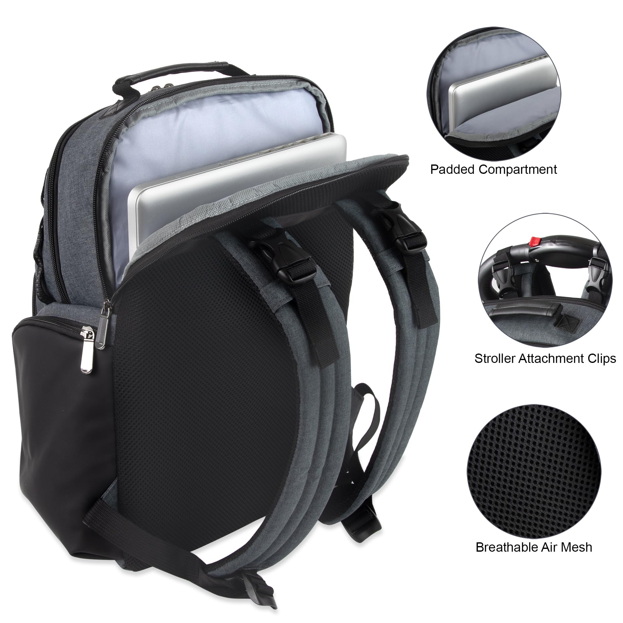Baby Essentials Super Cooler Dual Compartment Diaper Bag Backpack with Portable Changing Pad, Stroller Straps, Insulated Bottle Compartment (Grey/Black)