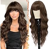 BARSDAR Long Wavy Light Chocolate Brown Wig With Bangs - 26 Inch Long Wavy Brown Wig with Bangs for Women - Thick Soft Synthetic Hair Replacement Wigs Natural Looking Daily Cosplay Party Halloween