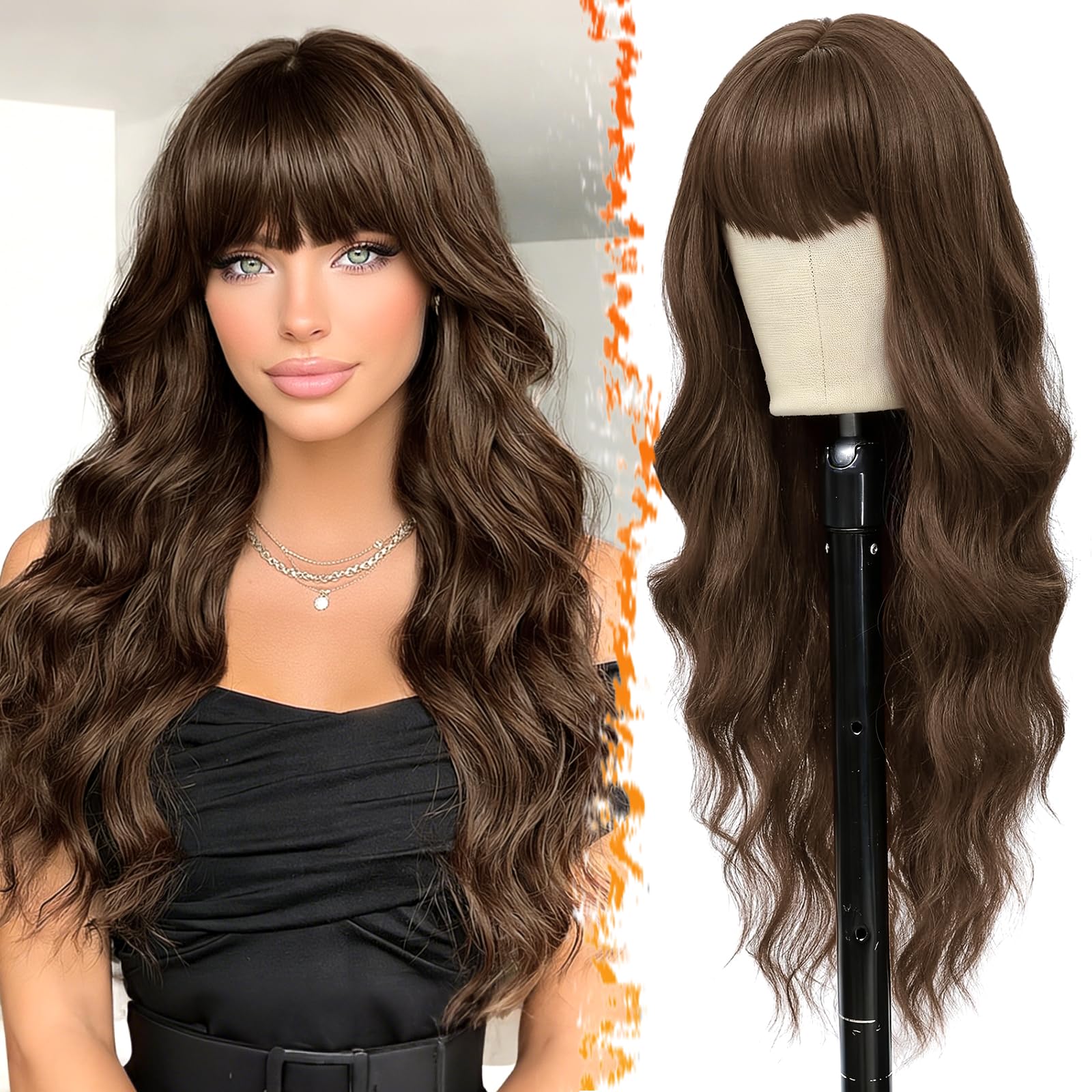 BARSDAR Long Brown Wig With Bangs, 26 Inch Long Wavy Wig with Bangs for Women Synthetic Brown Hair Replacement Wigs Natural Looking Daily Cosplay Party Halloween
