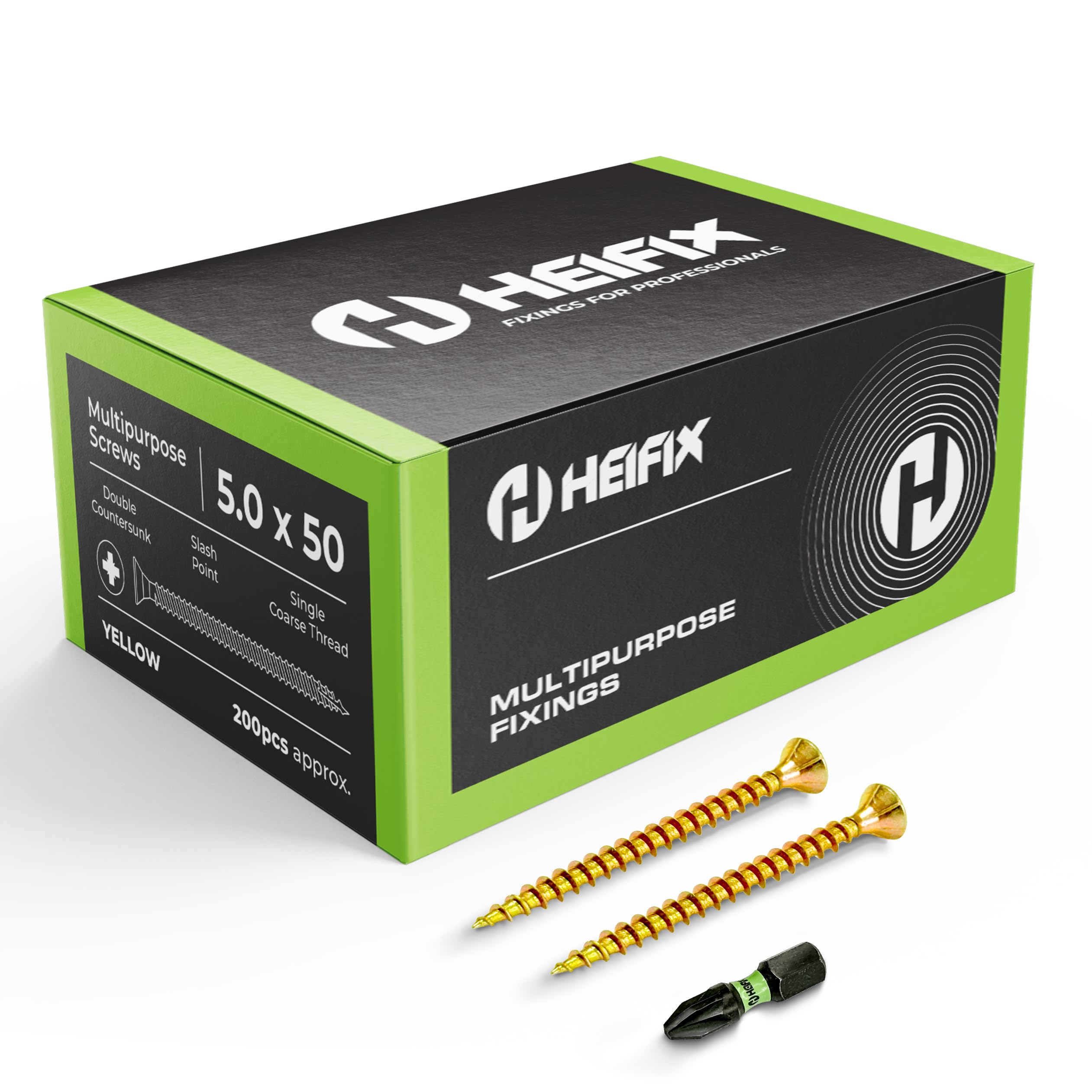 Heifix Multi-Purpose Wood Screws - FREE Screw Bit Included (QTY 200, 5mm x 50mm) Pozi Double Countersunk — image 1