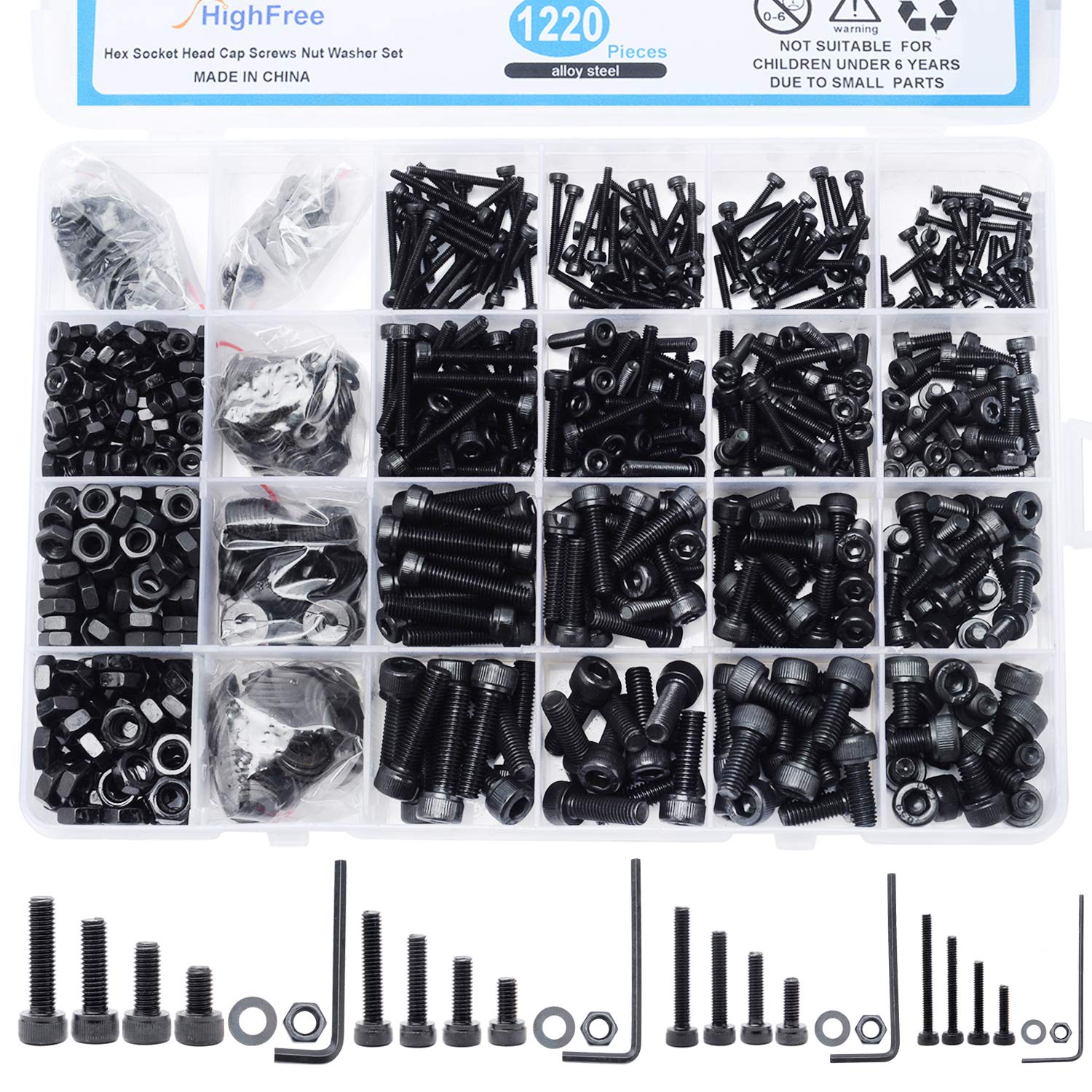 Homtone 1220 PCS M2 M3 M4 M5 Alloy Steel Bolts Screws Nuts Washers Assortment Kit with Hex Wrenches (Hex Socket Head)