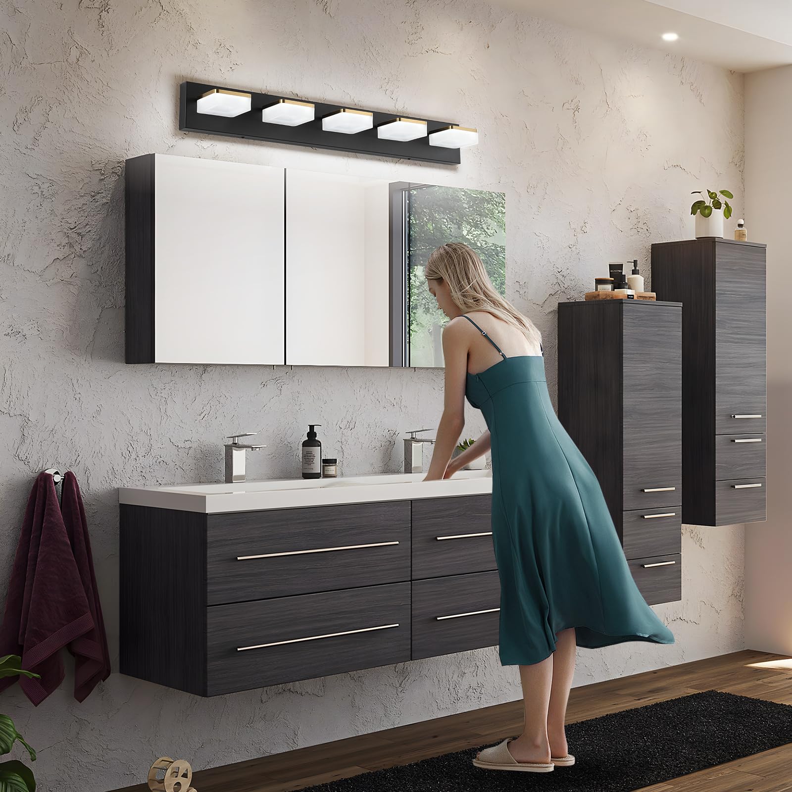 Bicrink 5 Light Bathroom Vanity Light LED 30W Bright Dimmable Bathroom Light Fixtures Over Mirror, Gold Black Vanity Lights for Bathroom, Wall Sconces with Acrylic Lampshade, Daylight 5500K