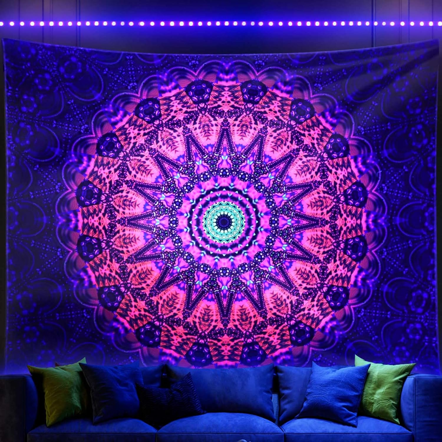 Tapestries - ADDWel Blacklight Mandala Boho Tapestry Glow In The Dark, Black Light Bohemian Hippie Poster Wall Hanging for Bedroom Aesthetic Wall and Room Decor (30