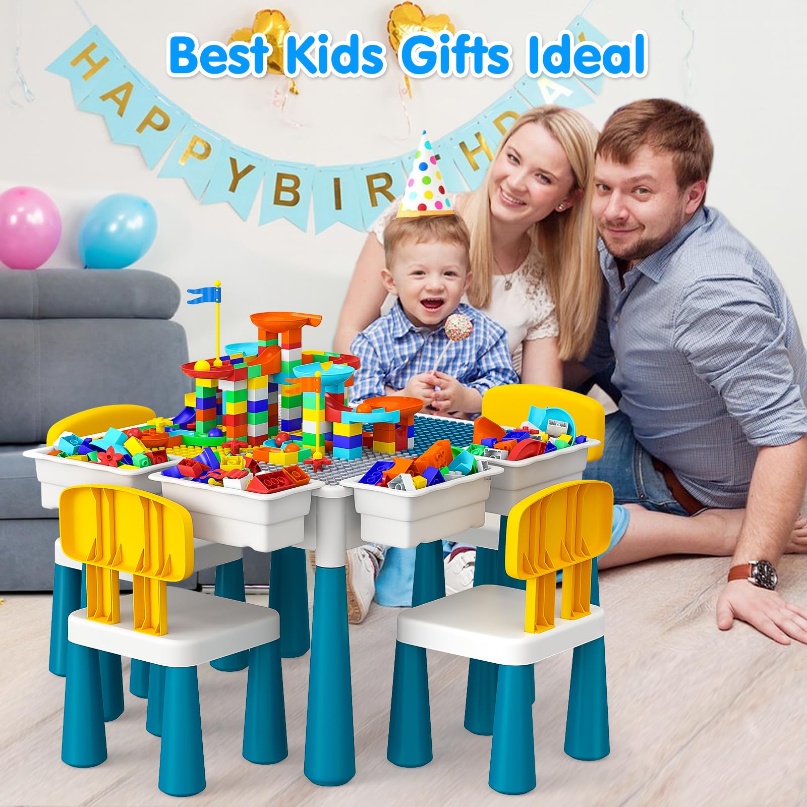OCATO Kids Activity Table Toddlers Kids Table and Chair Set with 152Pcs Large Marble Run Building Blocks All-in-One Kids Play Table Water Table Sand Table, STEM Toys for Boys Girls 2 3 4 5-10 Year Old