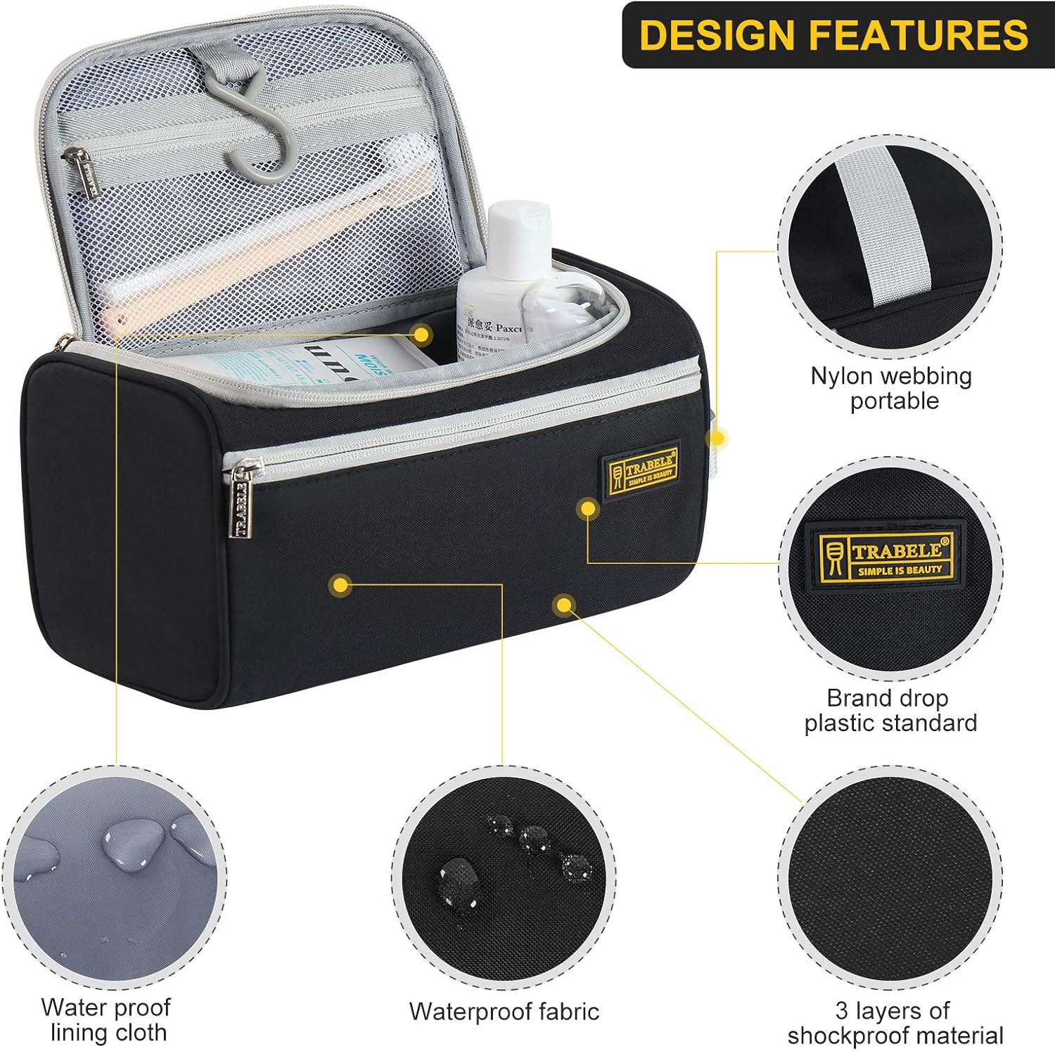 Travel Toiletry Bag for Womens Men, Water Resistant hanging Makeup Cosmetic Bags Shaving with Travel Gifts Hook Dopp Shampoo Large Capacity Bathroom and Shower Organizer Kit for Accessories（black）