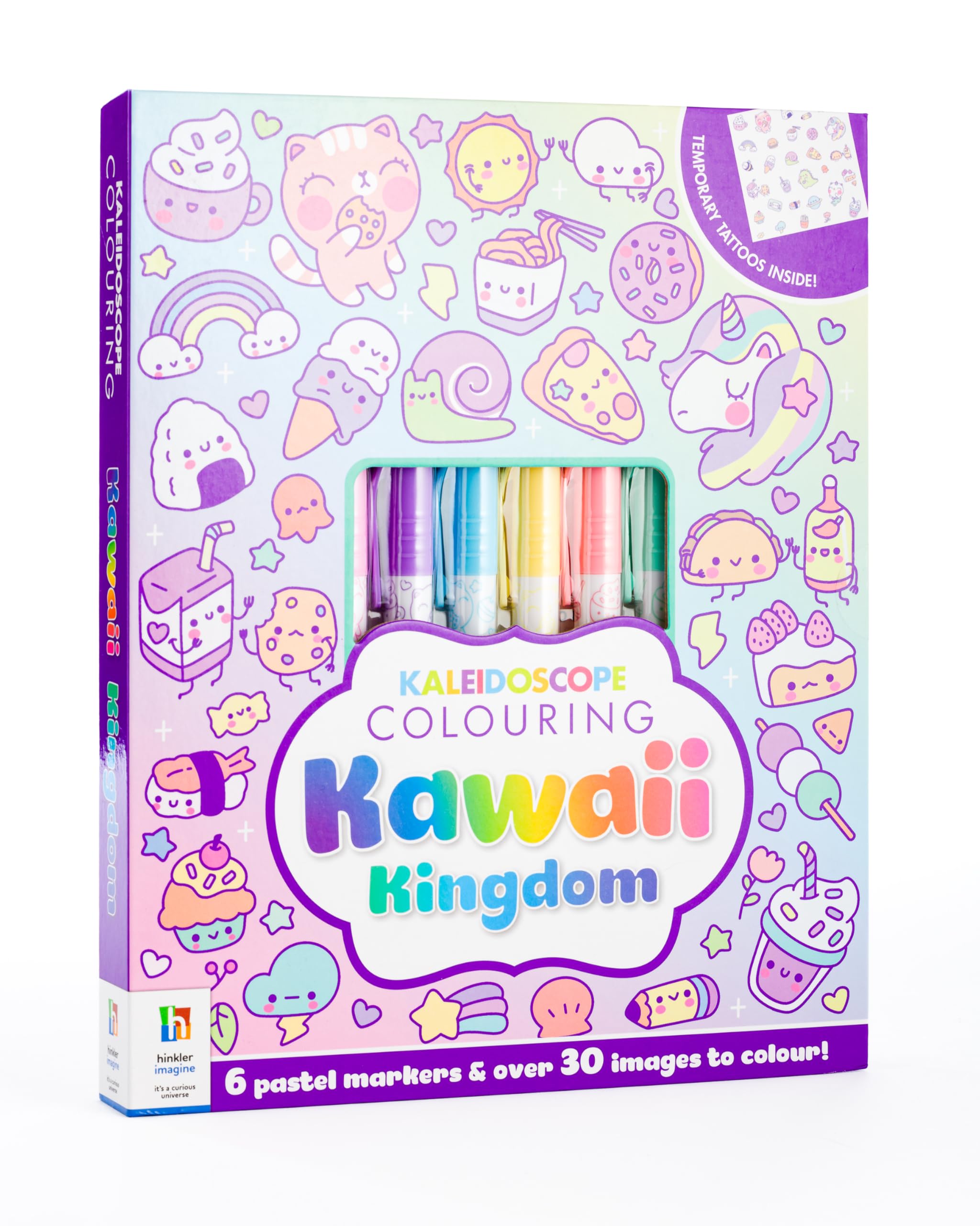 Hinkler Pty - Kaleidoscope Colouring Kit - Kawaii Kingdom - Art and Craft Activity for Ages 6-12 Years - Includes 6 Pastel Markers, 1 Sheet of Temporary Tattoos and Over 30 Colouring Pages