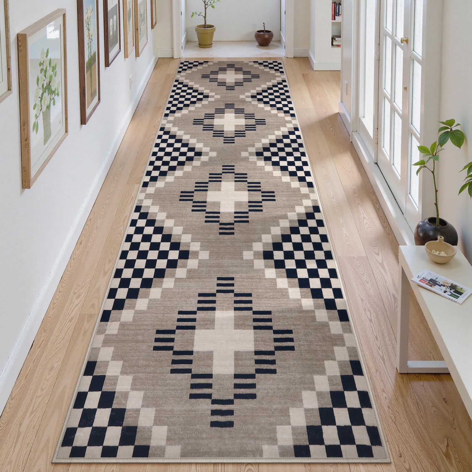 Photo 1 of Beeiva Boho Checkered Runner Rugs for Hallway 2.5x10, Non Slip Long Rugs for Hallway Ultra Thin Stain Resistant Washable Kitchen Runner 10 ft, Foldable Low Pile Black 2.5x10 Rug for Entryway, Black