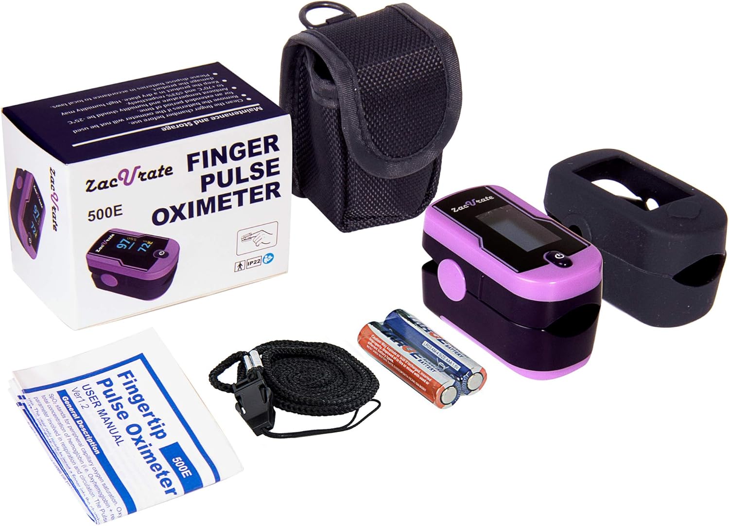 Zacurate 500E Premium Fingertip Pulse Oximeter Oximetry Blood Oxygen Saturation Monitor with Silicon Cover, Batteries and Lanyard (Mystic Purple): Health & Personal Care