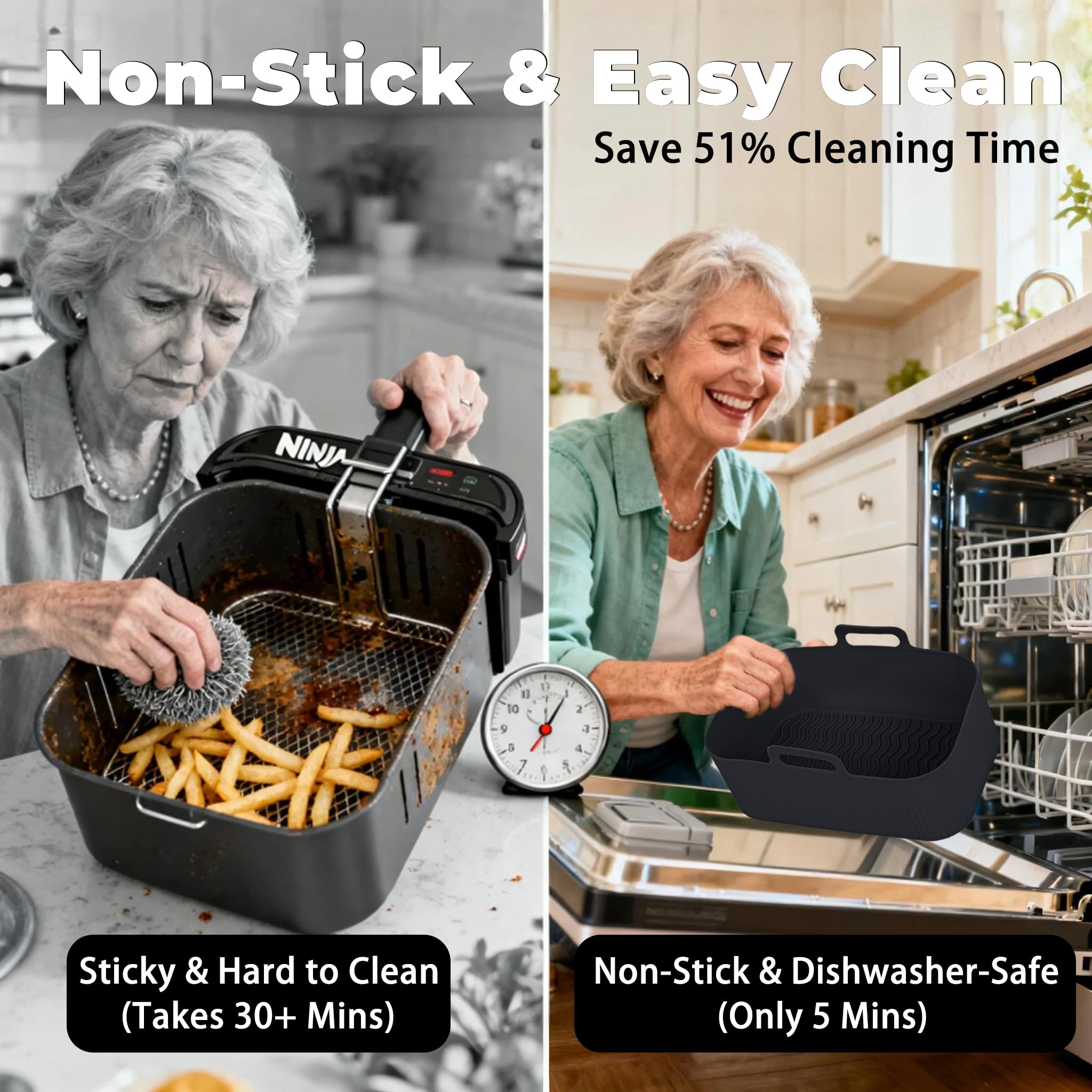 Silicone Air Fryer Liners for Ninja - Reusable DZ201 8QT Dual Basket - Rectangular 2-Pack Vacuum-Packed Easy-Clean Dishwasher-Safe Food-Safe for Home Chefs - Christmas & Housewarming Gifts