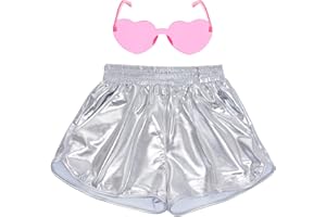 Bskifnn Metallic Shorts with Heart Shape Sunglasses 80s Outfit for Girls Glitter Shorts for Party,Yoga,Hallowen,Cosplay