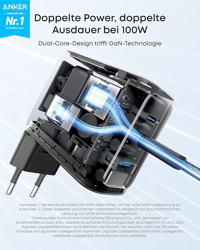 100W USB C Ladegerät, Smart Ladegerät, kompaktes 3-Port GaN Netzteil