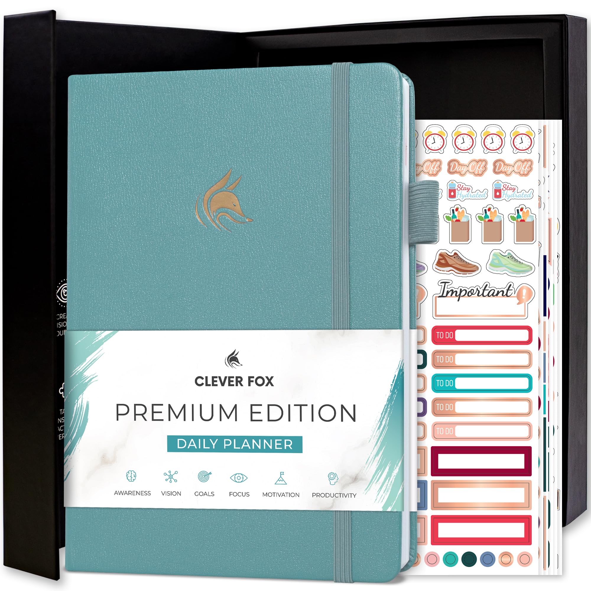 Clever Fox Planner Daily Premium – Undated Daily Planner with Hourly Schedule, Personal Organizer, Productivity Journal, 6 Months (Aquamarine)