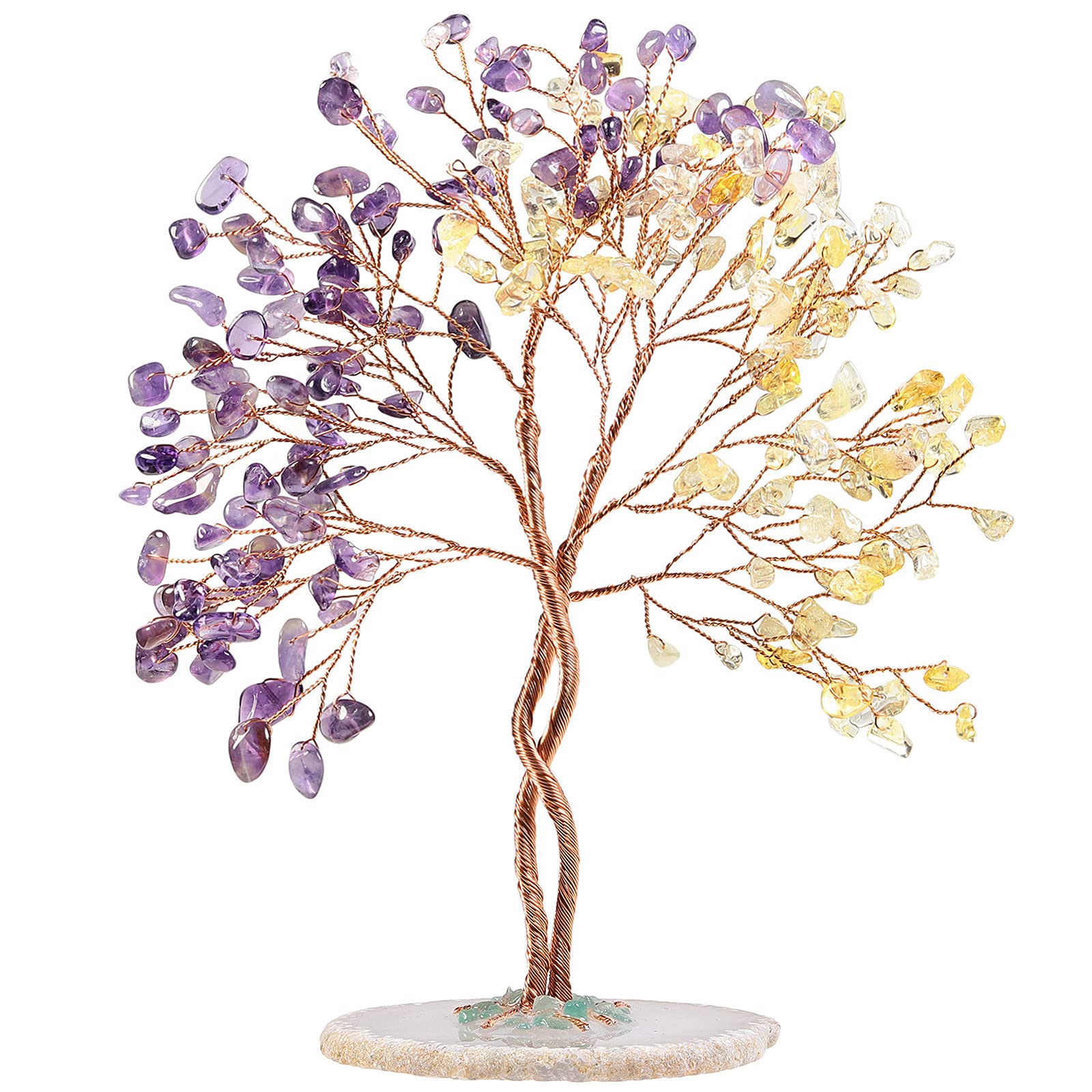 Nupuyai Amethyst & Citrine Twining Crystal Money Tree with Agate Slice Base, Love Stone Tree Ornament Fengshui Figurines for Home Office Wedding Decor