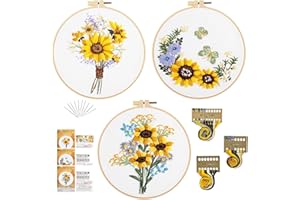 GLTAYLMY 3 Sets Embroidery Starter Kit with Pattern and Instructions, Cross Stitch Set, Stamped Embroidery Kits with 3 Embroidery Clothes with Pattern, 1 Embroidery Hoop(Sunflower)