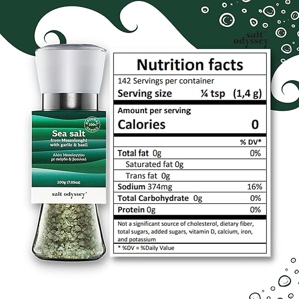 SALT ODYSSEY GRINDER SALT, PURE SEA SALT FOR SEASONING MEAT, FISH AND CHICKEN, 100% NATURAL SEA SALT FROM GREECE, GOURMET SEA SALT WITH GARLIC & BASIL MILL GRINDER (7.05 OZ.)