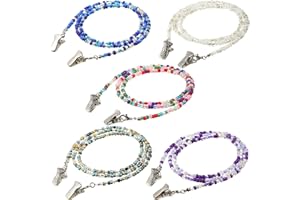 BOAO 5 Pieces Bead Eyeglass Chains Clip Holder Colorful Beaded Face Covering Lanyards Handmade Necklace with 5 Pairs Silver Clips, 28 Inches Long